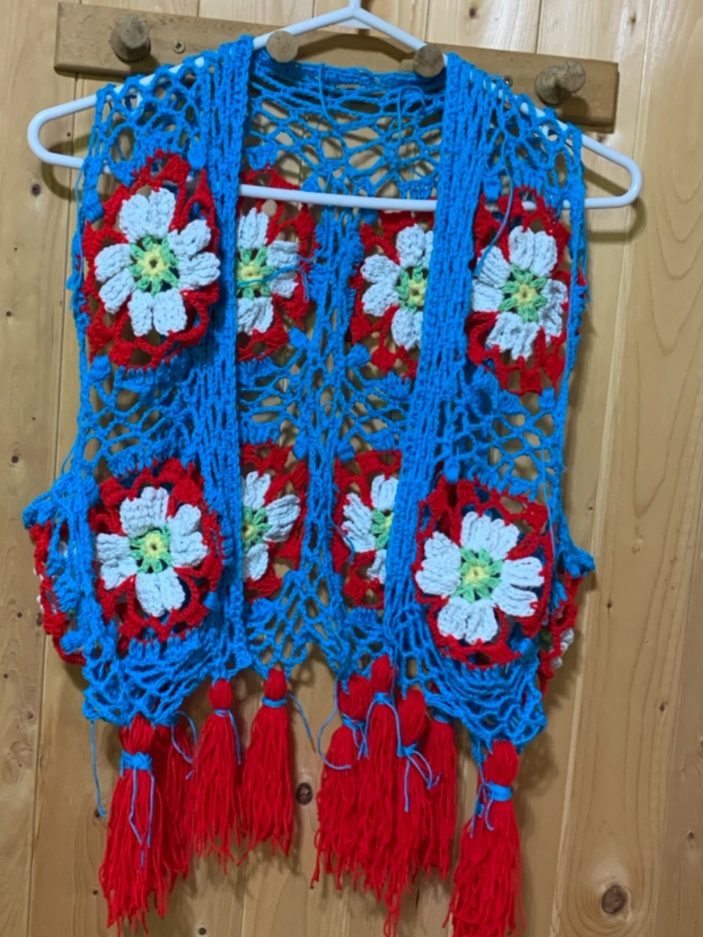 Handmade Crochet Floral Vest in Bright Blue & Red